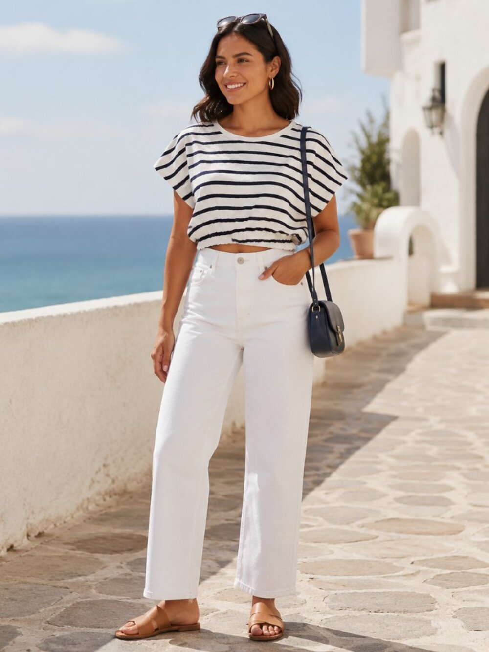 Striped Cropped Tee - Navy & White